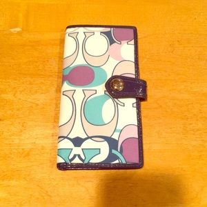 Coach Signature Patterned Wallet with Blue Trim
